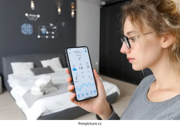 Woman Using Smart Phone Home Automation