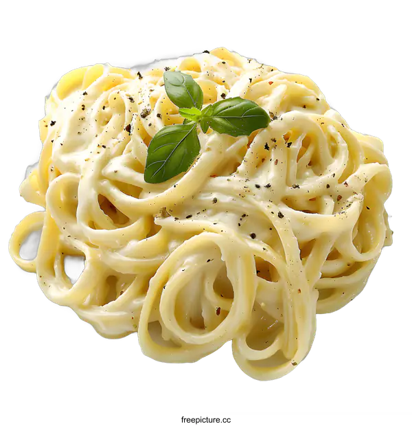 [Transparent Background PNG]Delicious Pasta with Creamy Alfredo Sauce and Basil