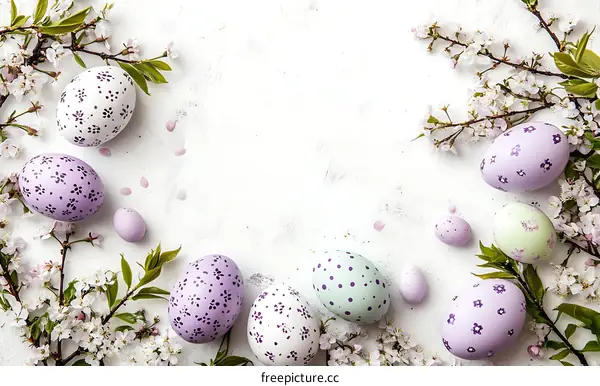 Easter Eggs with Spring Blossoms on a White Background