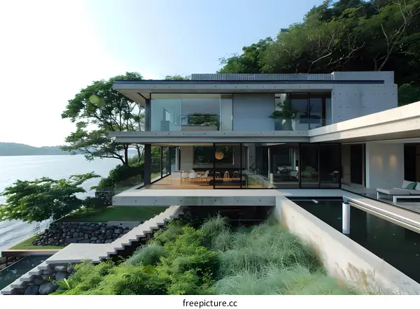 Modern Concrete House with a Swimming Pool and Ocean View