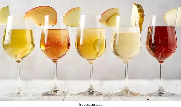 Five Glasses of Sparkling Wine with Apple and Pineapple Garnishes