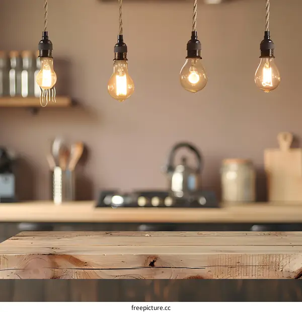 Wooden Table With Hanging Light Bulbs in Kitchen Background