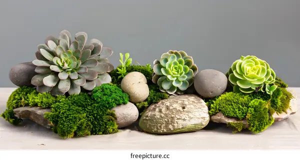 Succulents and Stones Arrangement on Mossy Rock