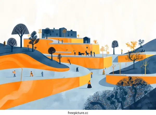 People Walking Through a Modernist Cityscape with Geometric Hills