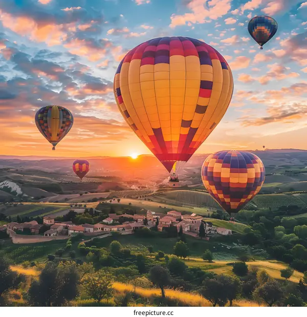 Hot Air Balloons Over Tuscan Landscape at Sunset