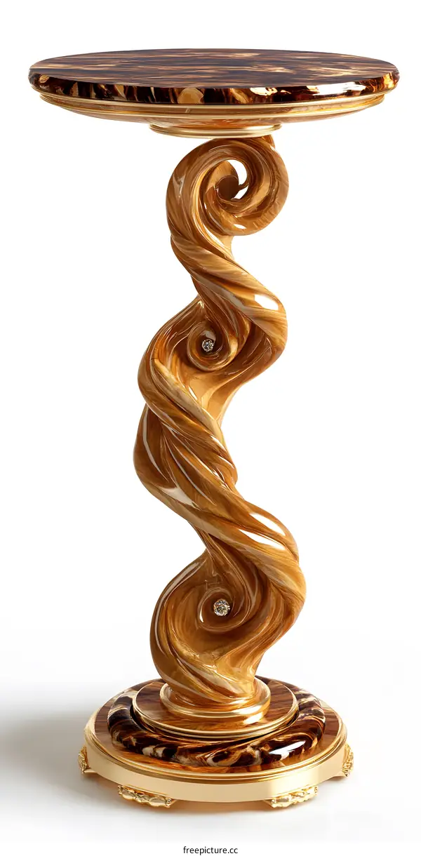 Spiral Wooden Table with Golden Base and Crystals