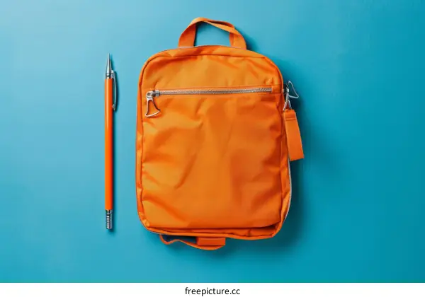 Orange Backpack with Pen on Blue Background
