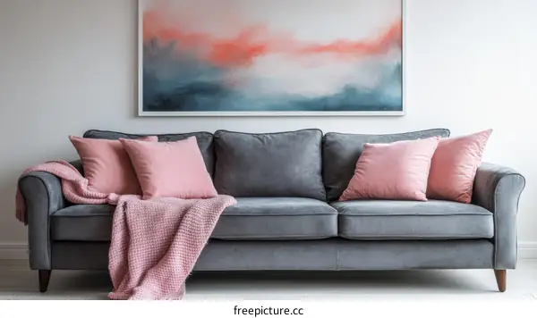 Modern Living Room with Grey Sofa and Pink Accents