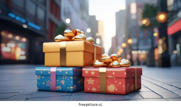 Three wrapped gifts sit on a city street with an out of focus cityscape with building and lights in the background