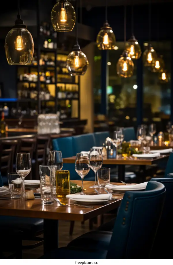 Elegant restaurant interior with blue chairs and wine glasses on the tables