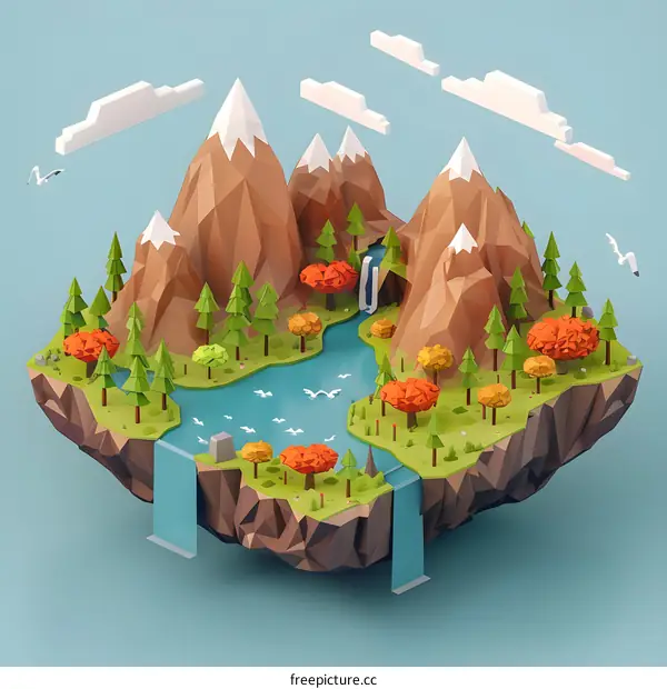 Low Poly Mountain Landscape with Waterfall