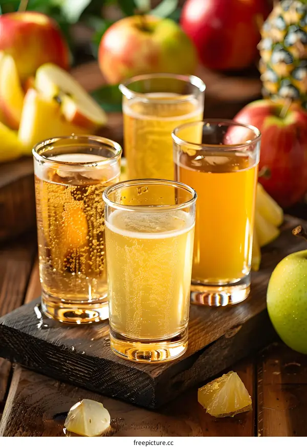 Four Glasses of Cider with Apples and Pineapple