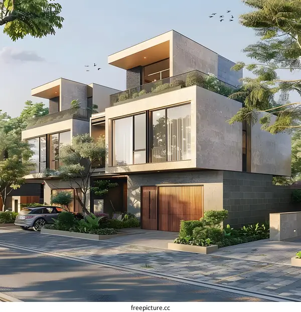 Modern Concrete House with a Green Roof and a Wooden Garage Door