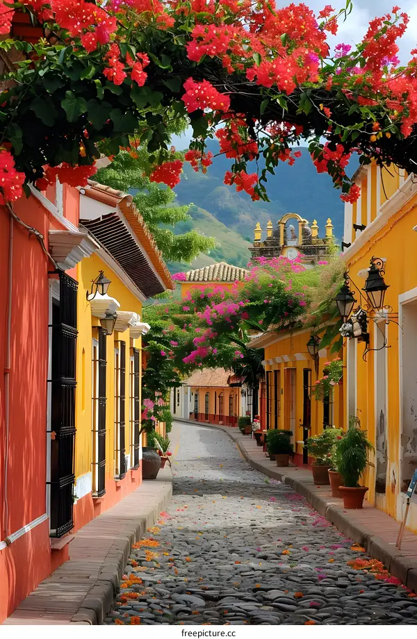 A beautiful street with colorful houses and flowers