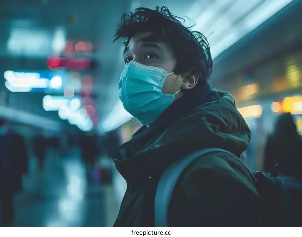 A young man wearing a mask is looking up in the subway.