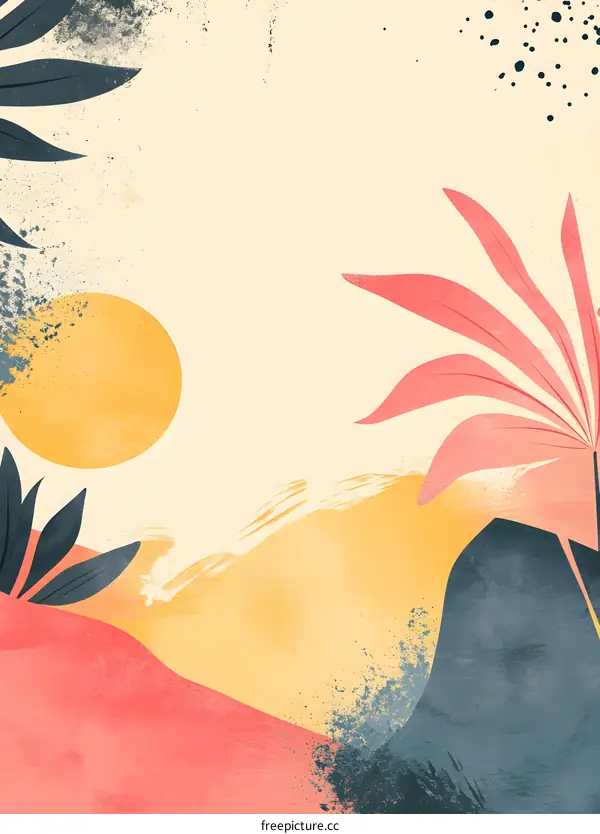 Abstract Watercolor  Design With Pink And Yellow Tropical Leaves