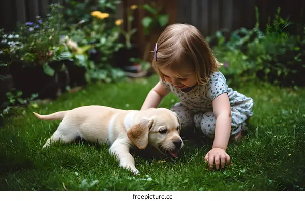 Little Girl Playing with Puppy in Grassy Backyard