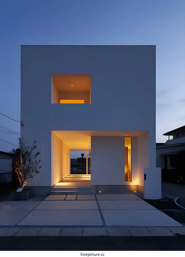 Modern Minimalist Home Exterior Design with Warm Lighting at Dusk