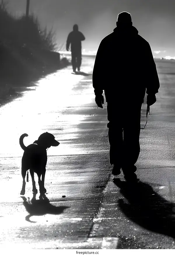 Silhouettes of Man and Dog Walking Down a Road