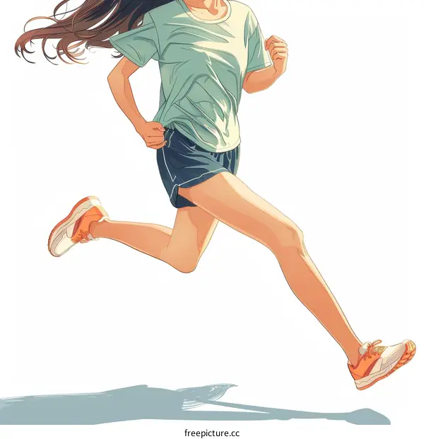 A young girl with long brown hair is running