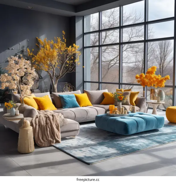 Blue and yellow modern living room interior design