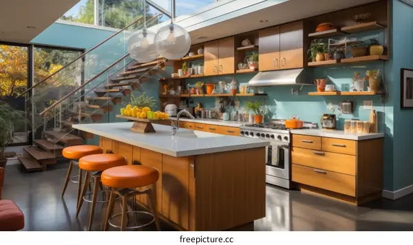 Modern kitchen with large island and blue cabinets