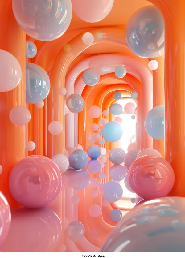 Abstract Pink and Blue Spheres Floating in Orange Arches