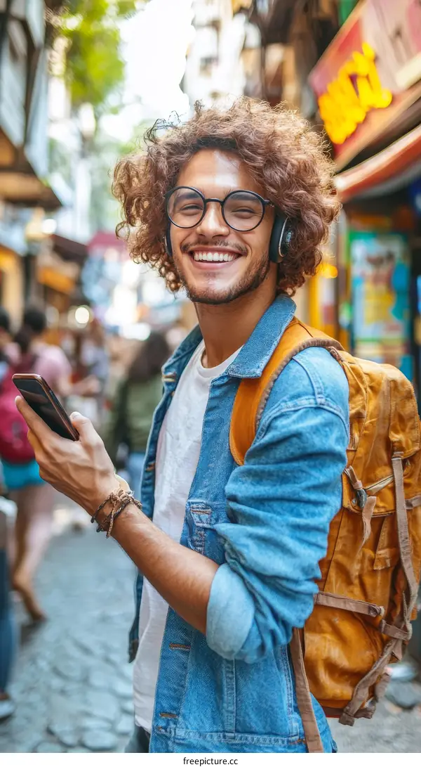 Smiling Young Man Exploring a City Street