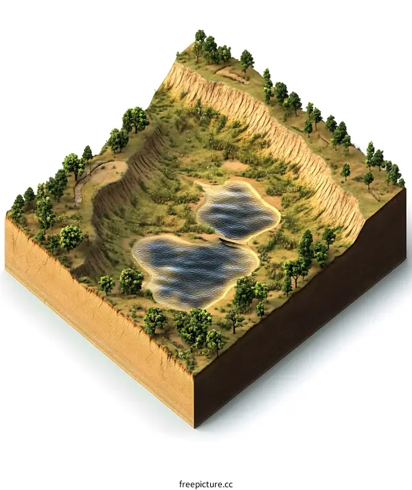 Cross Section of a Landscape with a Small Lake and a Hill