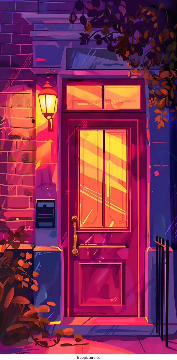 Purple Doorway with Yellow Lights at Night