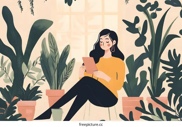 Woman Reading Book in a Room with Plants