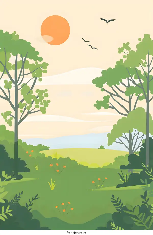 Green Meadow Landscape With Sunset And Birds