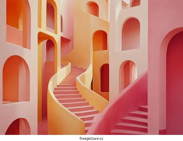 Abstract Architecture with Pink and Yellow Walls and a Spiral Staircase