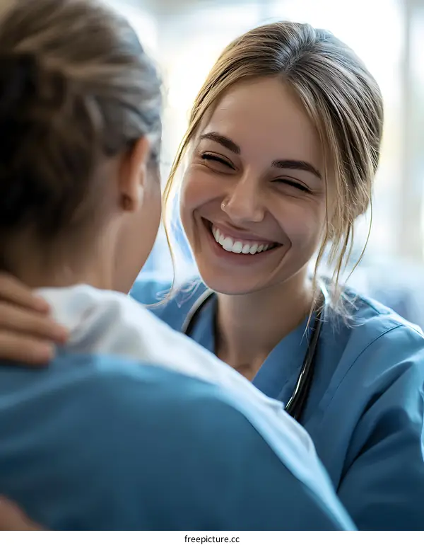 Happy Nurse Hugging Patient in Hospital Room