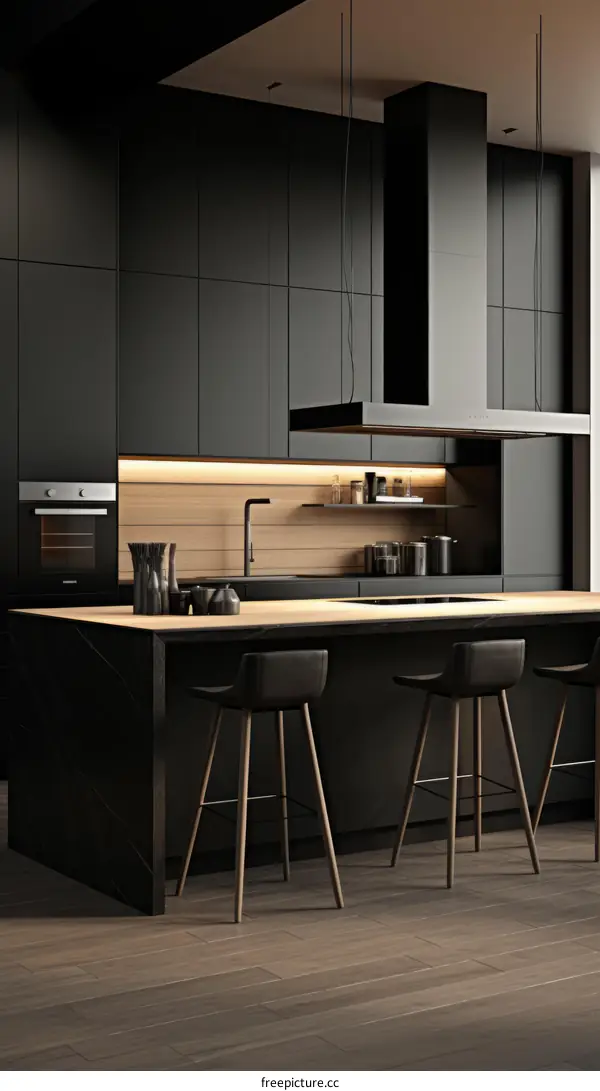 Black Kitchen Island with Wood Bar Stools and Pendant Lights