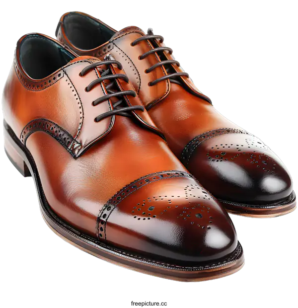 [Transparent Background PNG]A pair of brown leather shoes with a cap toe and brogue detailing.