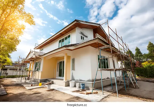 Under Construction House Exterior with Scaffolding