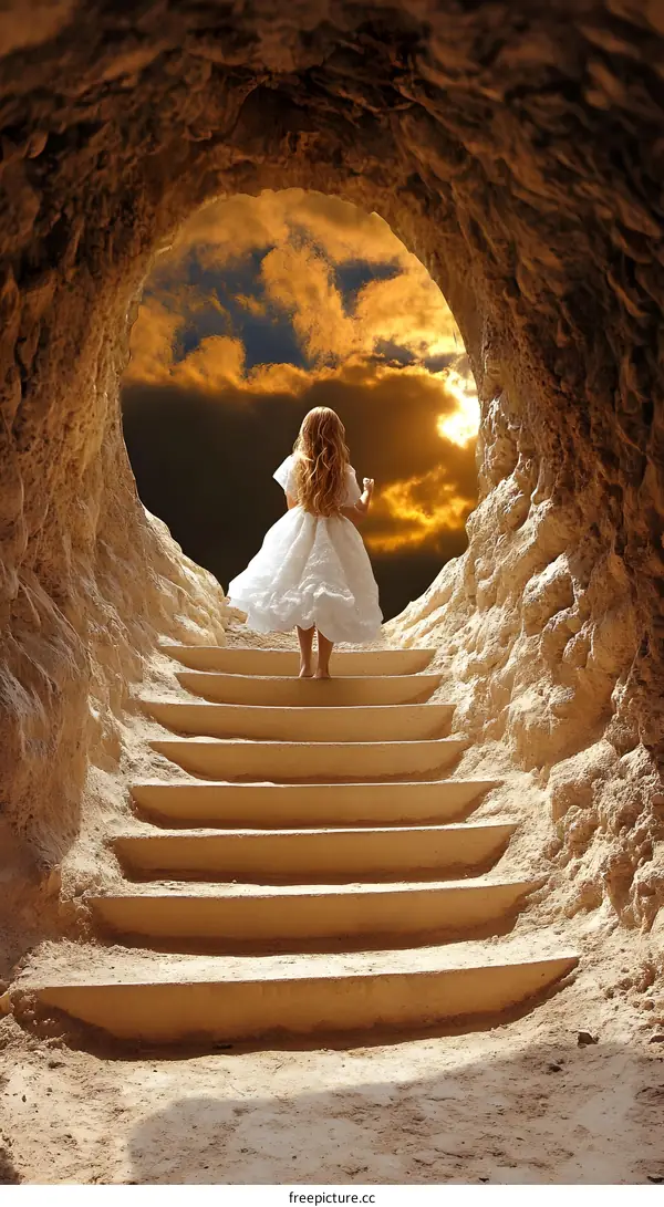 Young Girl Walking Up Stairs Towards Light in Cave
