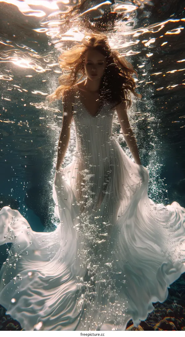 Ethereal Underwater Vision of a Woman in a White Dress
