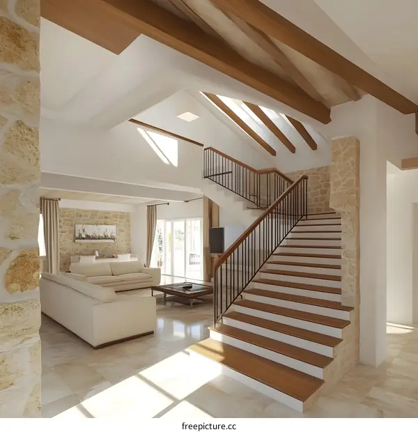 Modern Staircase Interior Design with Wooden Beams and Stone Wall