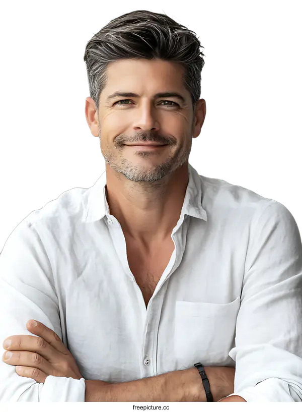 [Transparent Background PNG]Smiling Man with Gray Hair Wearing White Shirt