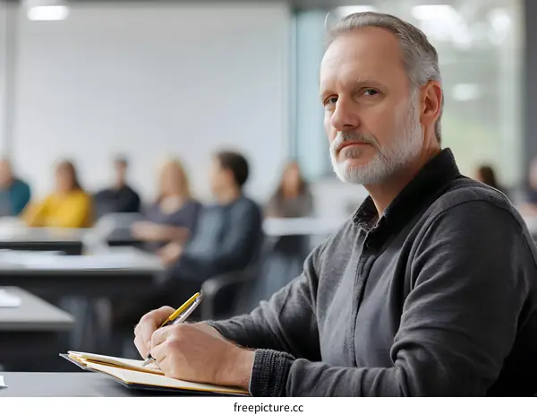 Senior Man Taking Notes in a Classroom Setting