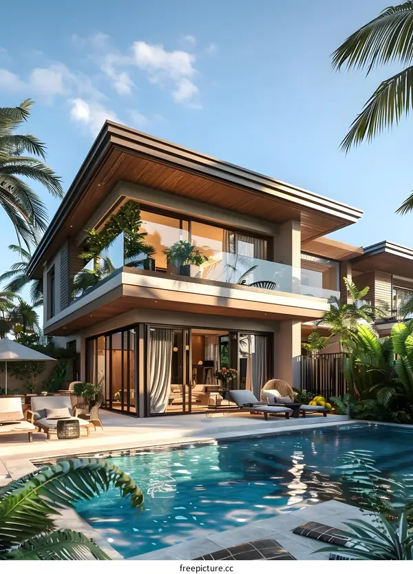 A Modern Villa with Poolside Palm Trees