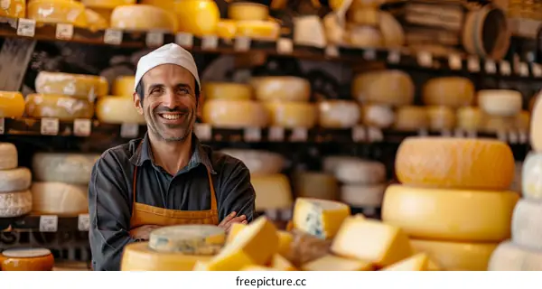 A cheese shop owner stands in his store, surrounded by shelves of cheese.