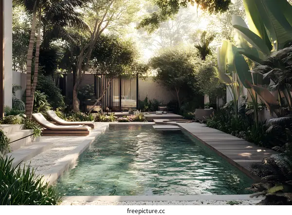 Tropical Poolside Backyard Oasis with Lush Greenery
