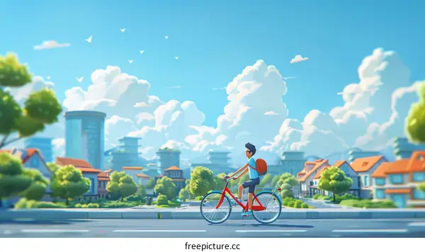 Boy riding a bicycle on a suburban street on a sunny day