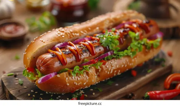 Hotdog with ketchup and mustard on a wooden table