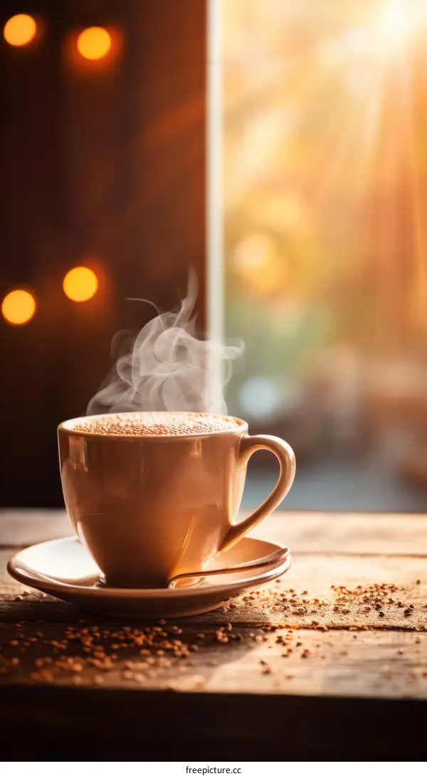 Cappuccino in a white ceramic cup on a wooden table with a blurred background of a window and a warm glow of sunlight