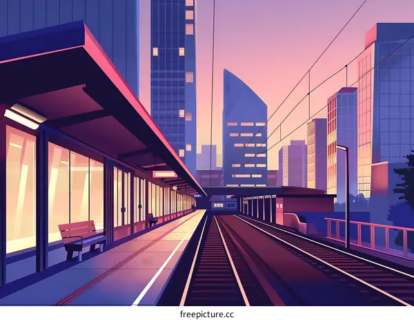 Empty Train Station Platform in City at Sunset