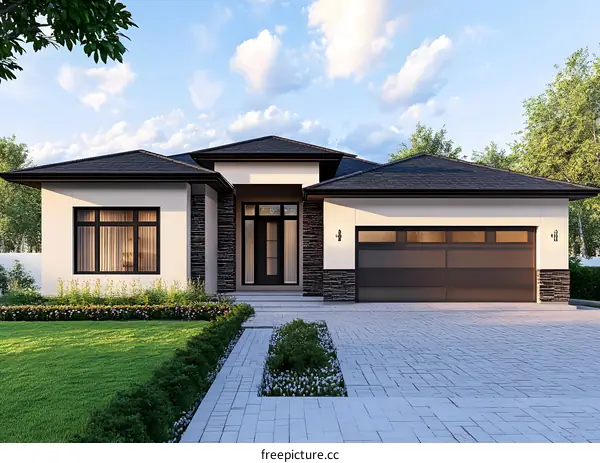 Modern House Design With Stone Exterior And Large Garage